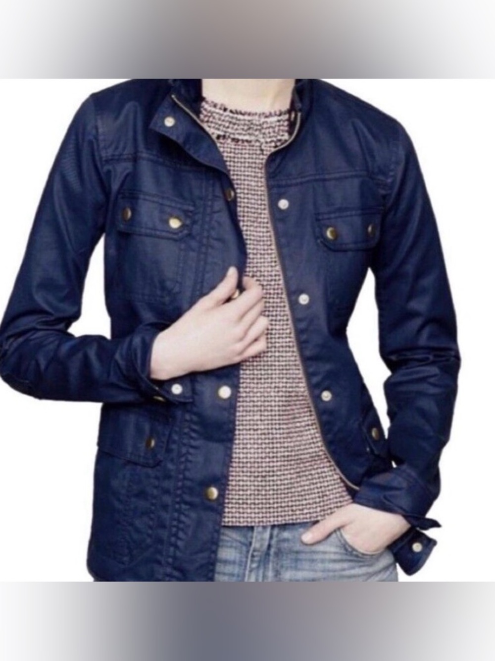 J Crew Navy Blue Utility/Field Jacket in Waxed Cotton w Distinctive Gold Snaps M - Picture 3 of 15